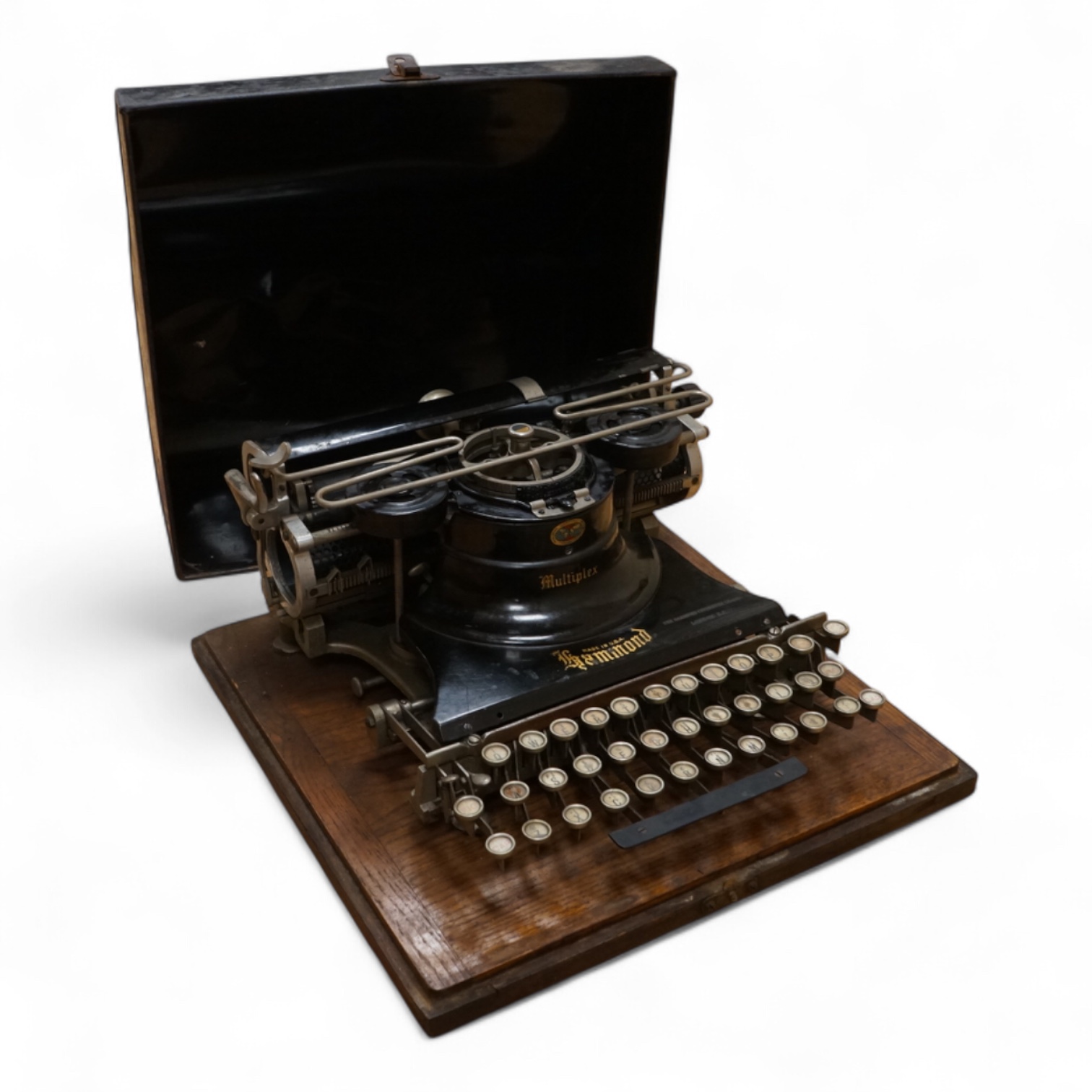 An early 20th century oak and tinplate Hammond Multiplex typewriter, Made in U.S.A.